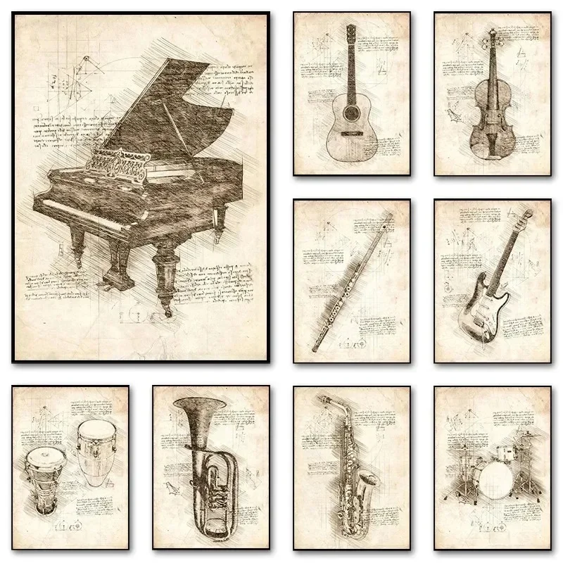 Musical Instrument Image - Inspired Sketch Canvas Painting Poster Musical